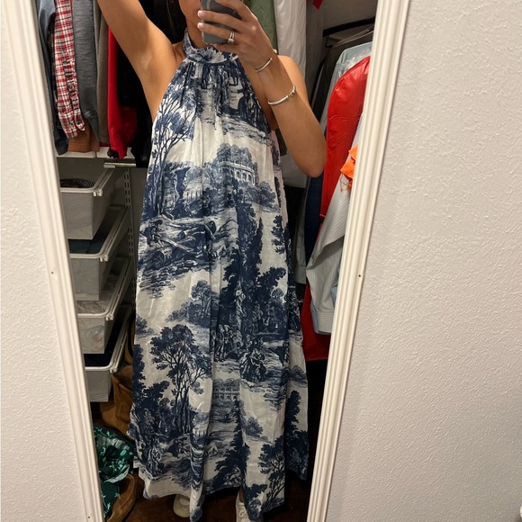 COS White Blue Toile de Jouy Linen Sleeveless
Halter Neck Long Midi Dress Size 4 - Picture 3 of 8